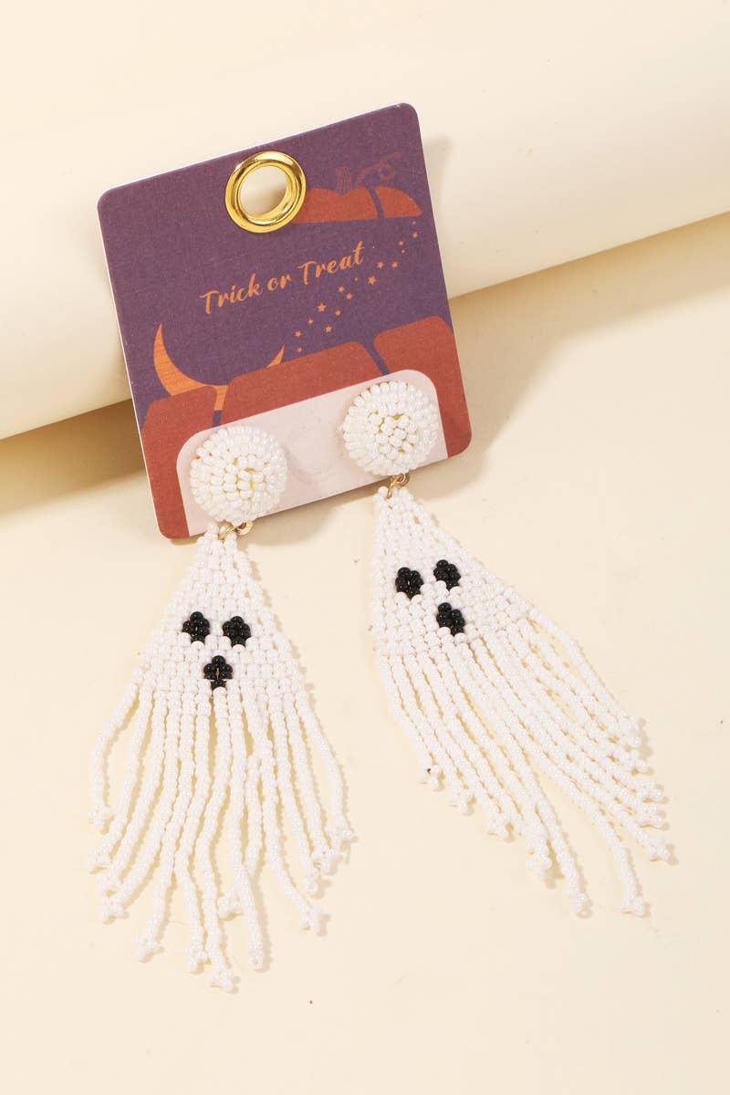 Beaded Triangular Ghost Halloween Hook Drop Earrings