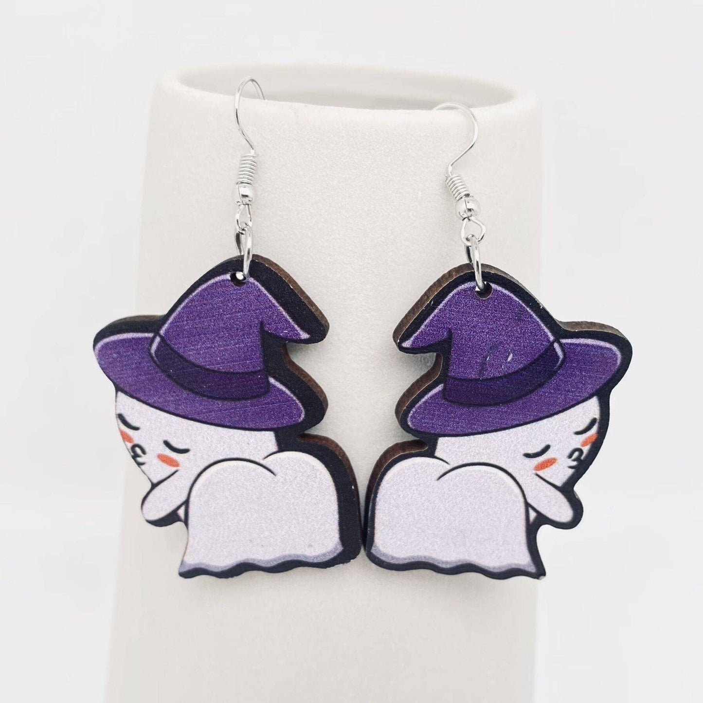 Halloween Witch Hat Ghost Wooden Double-Sided Earrings