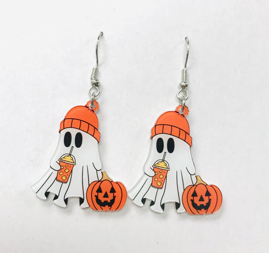 Cute Acrylic white Ghost with Beanie Hat & Pumpkin Earrings