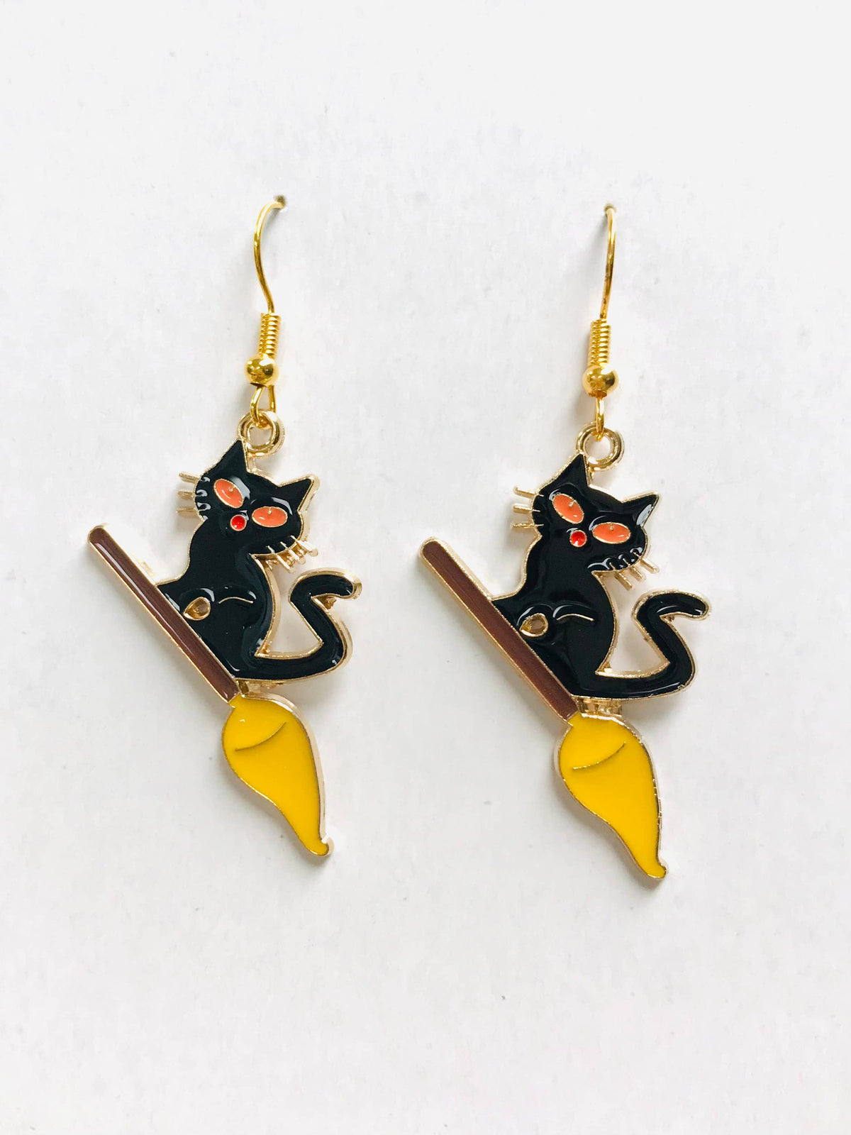 Halloween Broomstick Cat Earrings 