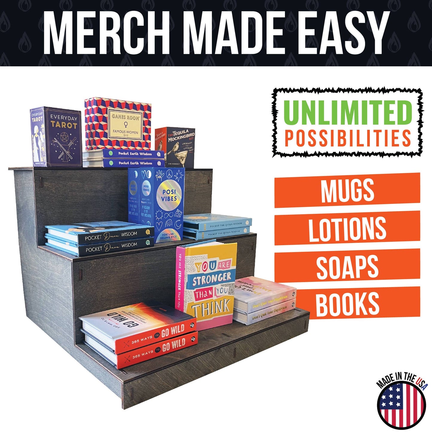 3-Tier Straight Wooden Portable Display Stand: Ebony