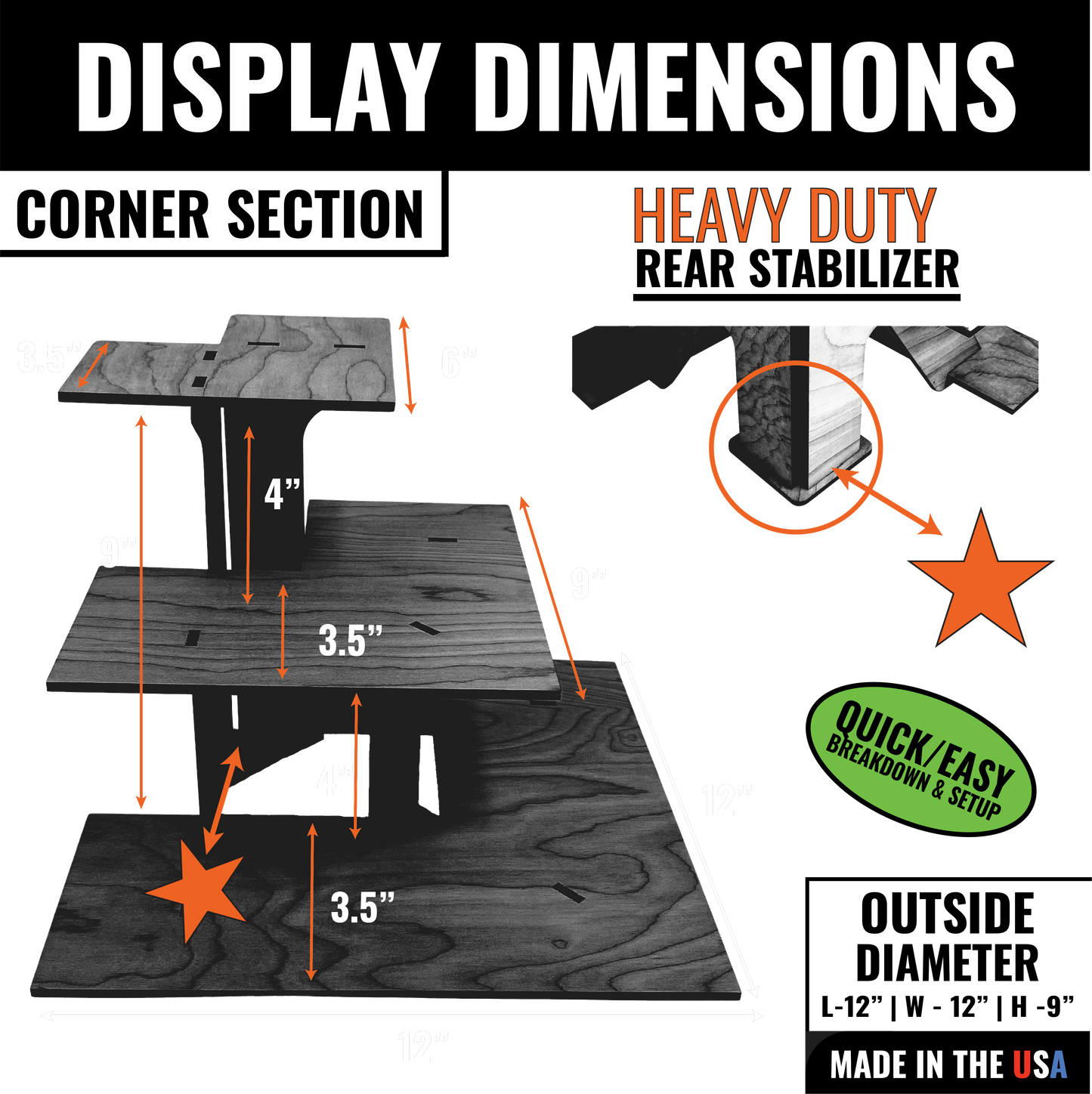3-Tier Retail Table Display Corner Stand with Shelves: Ebony
