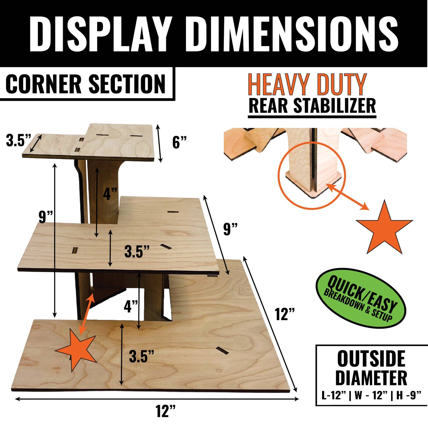 3-Tier Retail Table Display Corner Stand with Shelves: Ebony