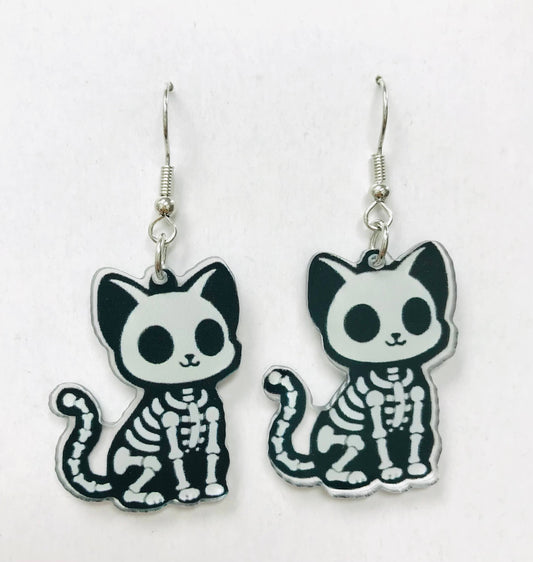 Cute Kitten Skeleton Horror Earrings Halloween