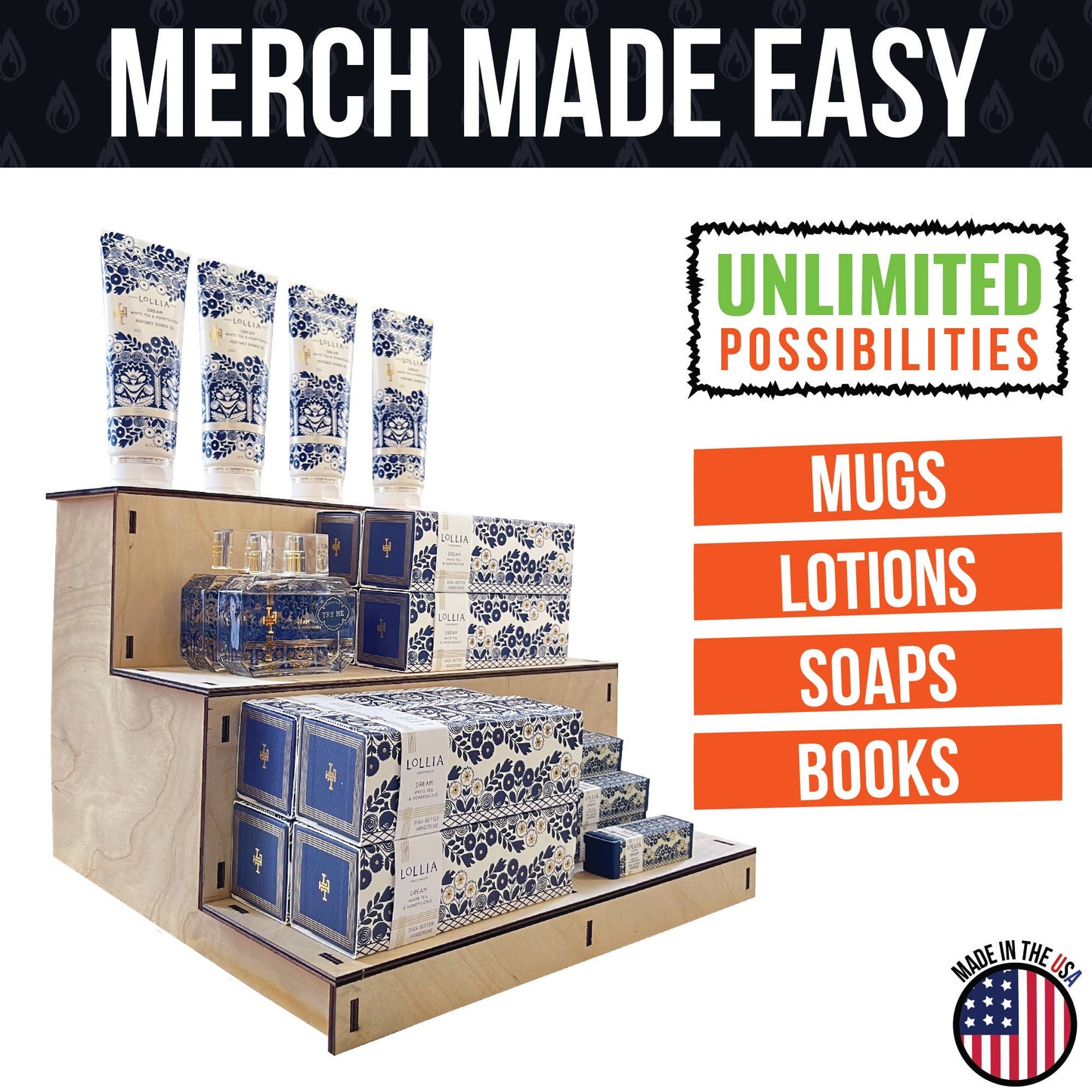 3-Tier Straight Wooden Portable Display Stand: Ebony