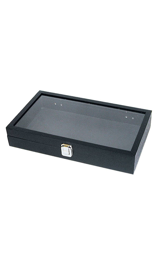 Large Glass Top Jewelry Tray | Black | Faux Leather