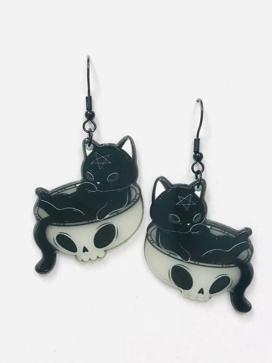 Acrylic Wiccan Glow In The Dark Cat Earrings BLACK WIRE