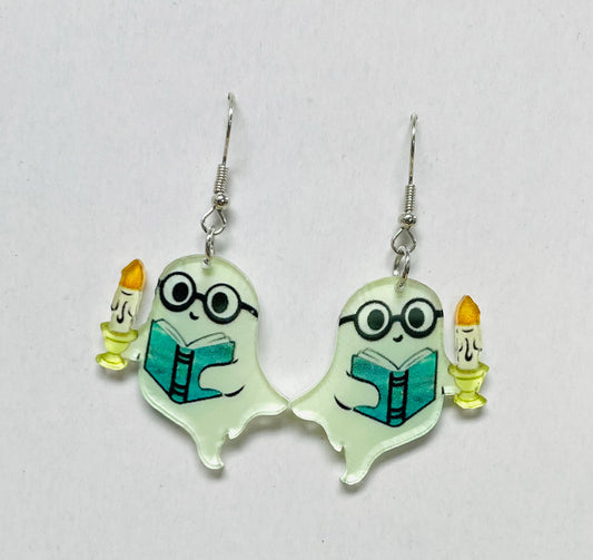 Cute Ghost with Glasses & Lamp and Book Earrings Halloween