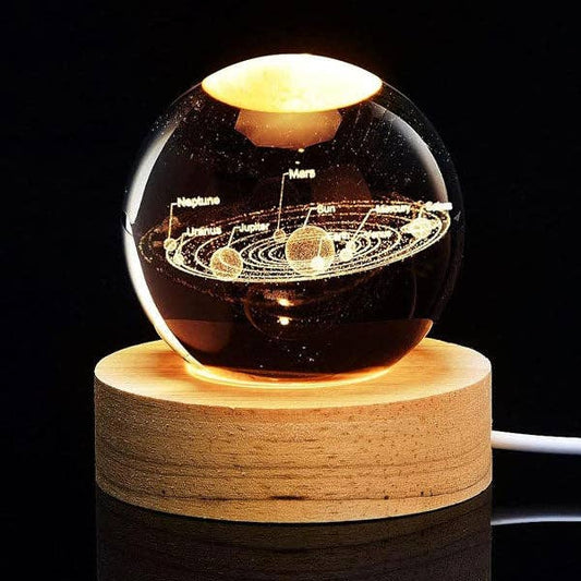 CelestiaGlow LED Crystal Ball With Wooden Base (Multiple Styles): Solar System Design