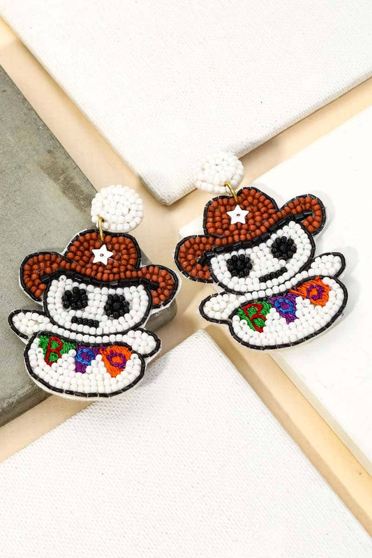 Marshmallow Ghost Cowboy Hat Beaded Halloween Earrings