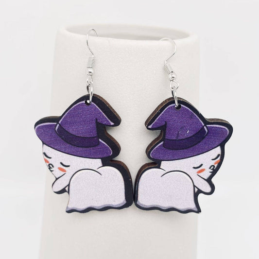 Halloween Witch Hat Ghost Wooden Double-Sided Earrings