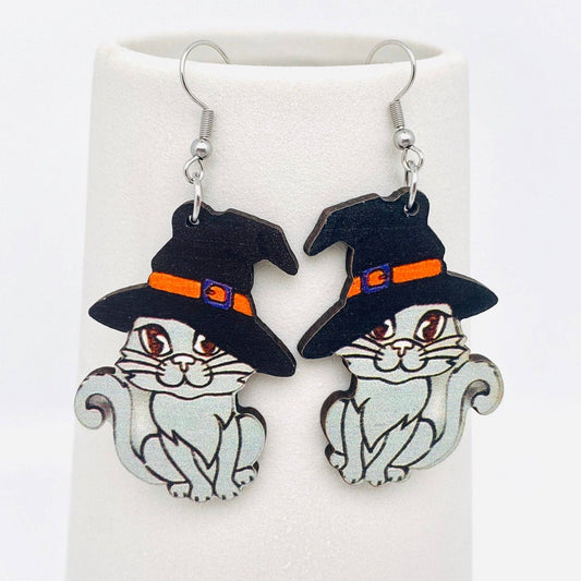 Halloween Double-sided Cat Witch Wooden Earrings