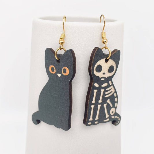 Halloween Double-sided Black Cat Skull Cat Wooden Earrings