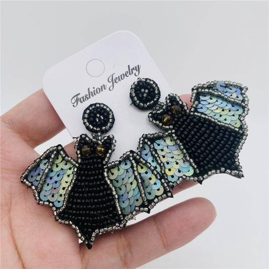 Halloween Sequined Beaded Bat Post Earrings