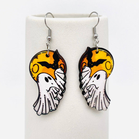 Halloween Double Sided Ghost Bat Wooden Earrings