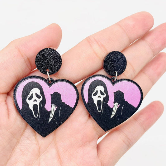 Halloween Death Coming Horror Acrylic Heart-Shaped Earrings