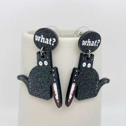 Halloween Black Cat "what?" Acrylic Post Earrings