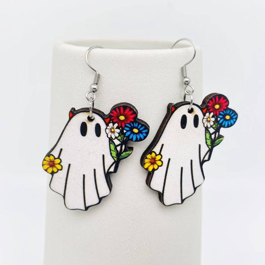 Halloween Double-sided Ghost Offering Flowers Wooden Earring