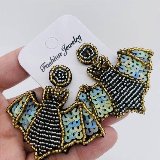 Halloween Sequined Beaded Bat Post Earrings