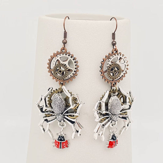 Steam Punk Style Spider Ladybug Charm Dangle Earrings