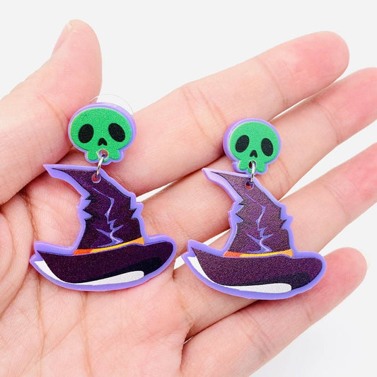 Halloween Witch Hat Skull Post Earrings