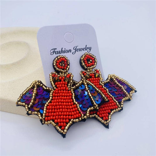 Halloween Sequined Beaded Bat Post Earrings