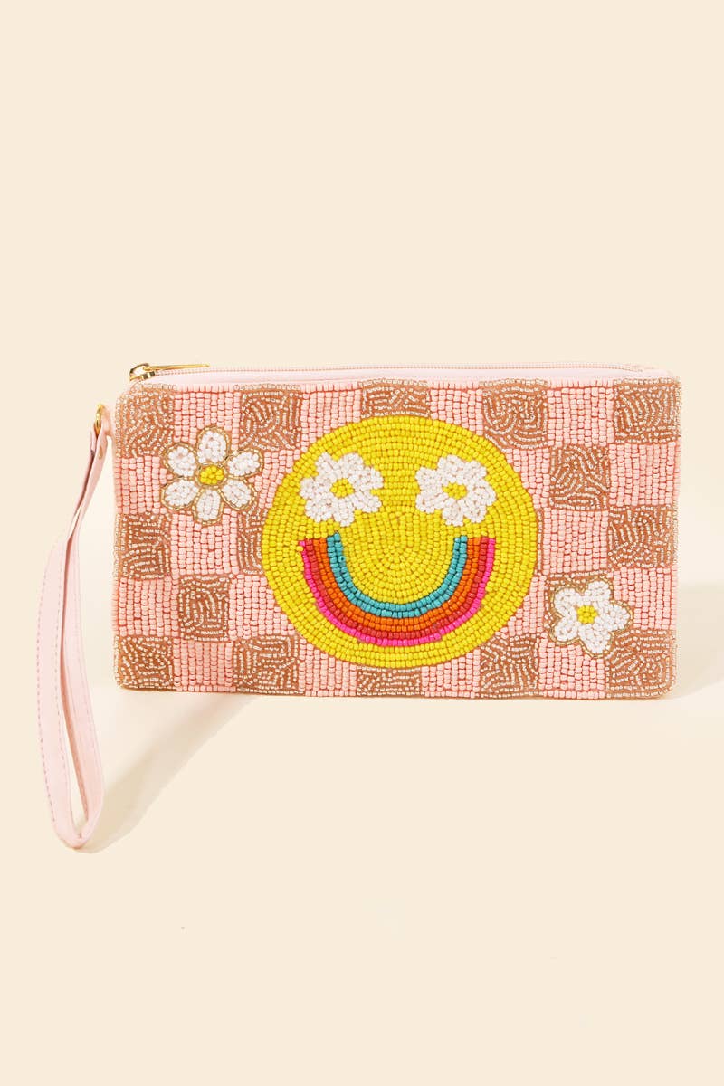 Seed Beaded Rainbow Smiley Face Cosmetic Bag